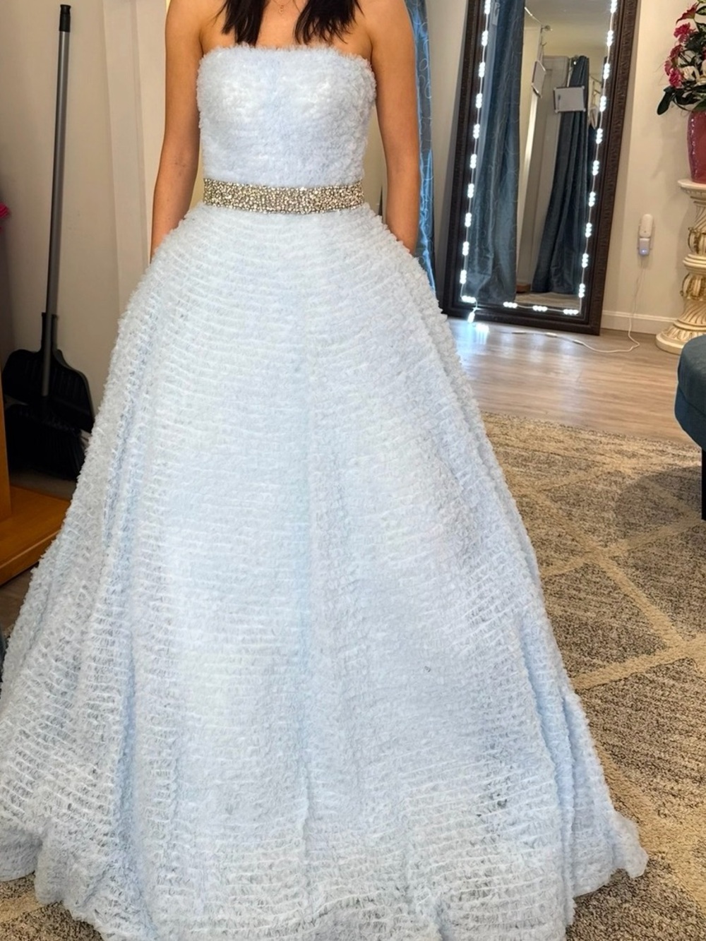 Strapless Light Blue Ball Gown with Beaded Waist